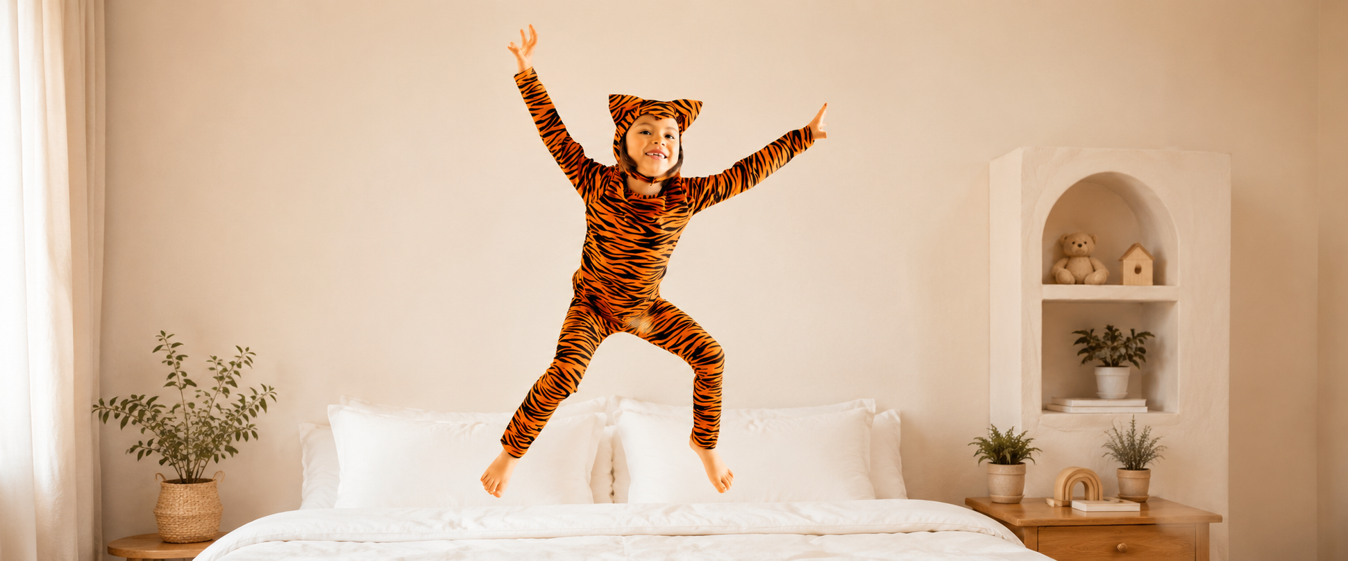 Person in a tiger onesie jumping on a bed in a bedroom.