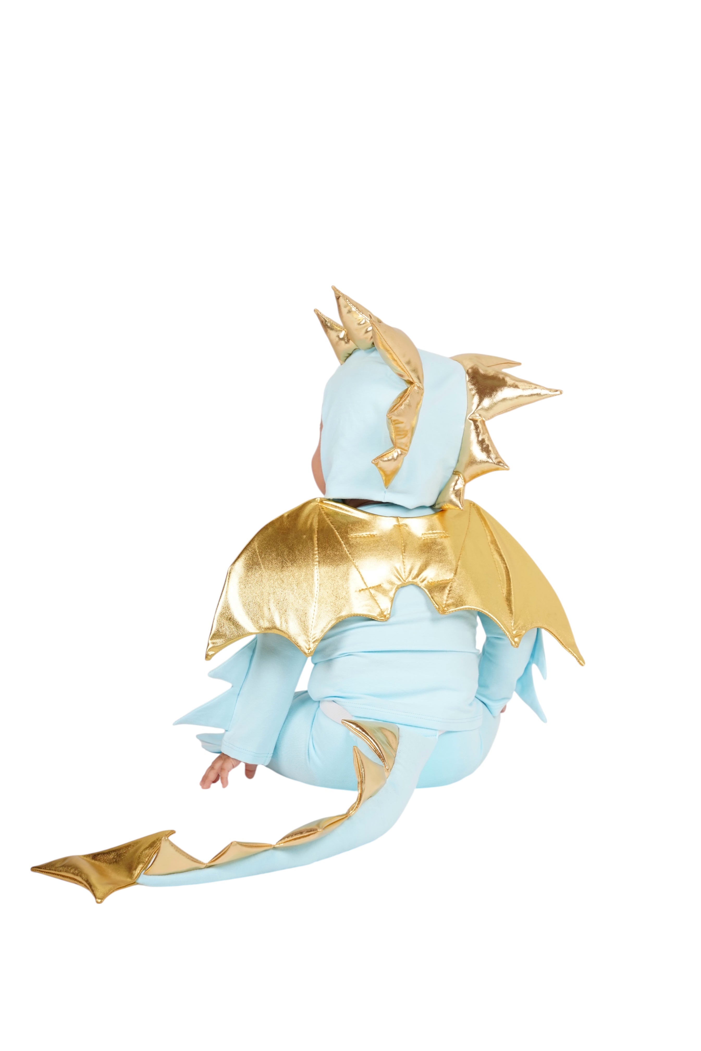 Baby in a blue dragon costume with gold accents, baby dinosaur costume