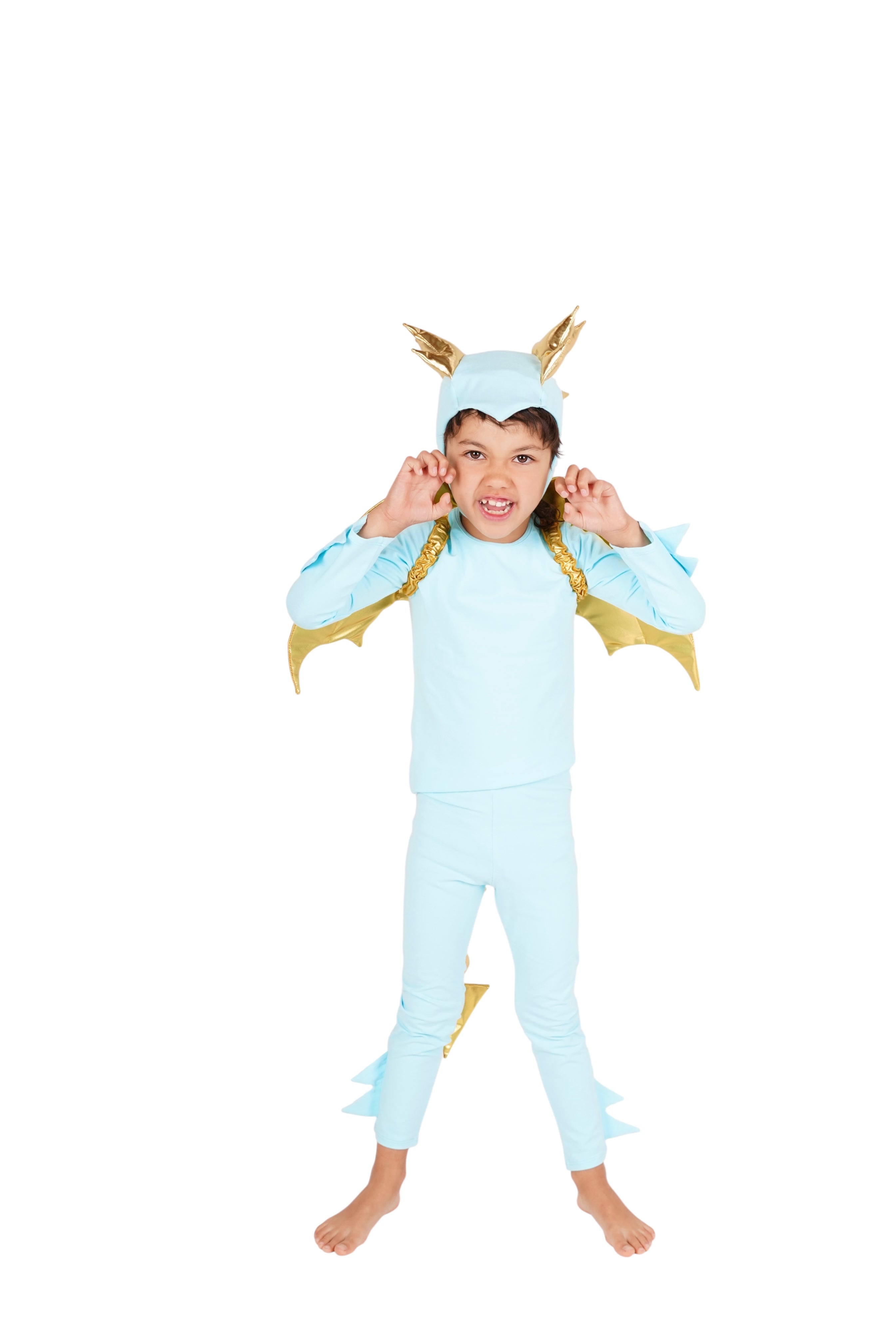 Child wearing a light blue dragon costume with gold accents, blue dinosaur costume.