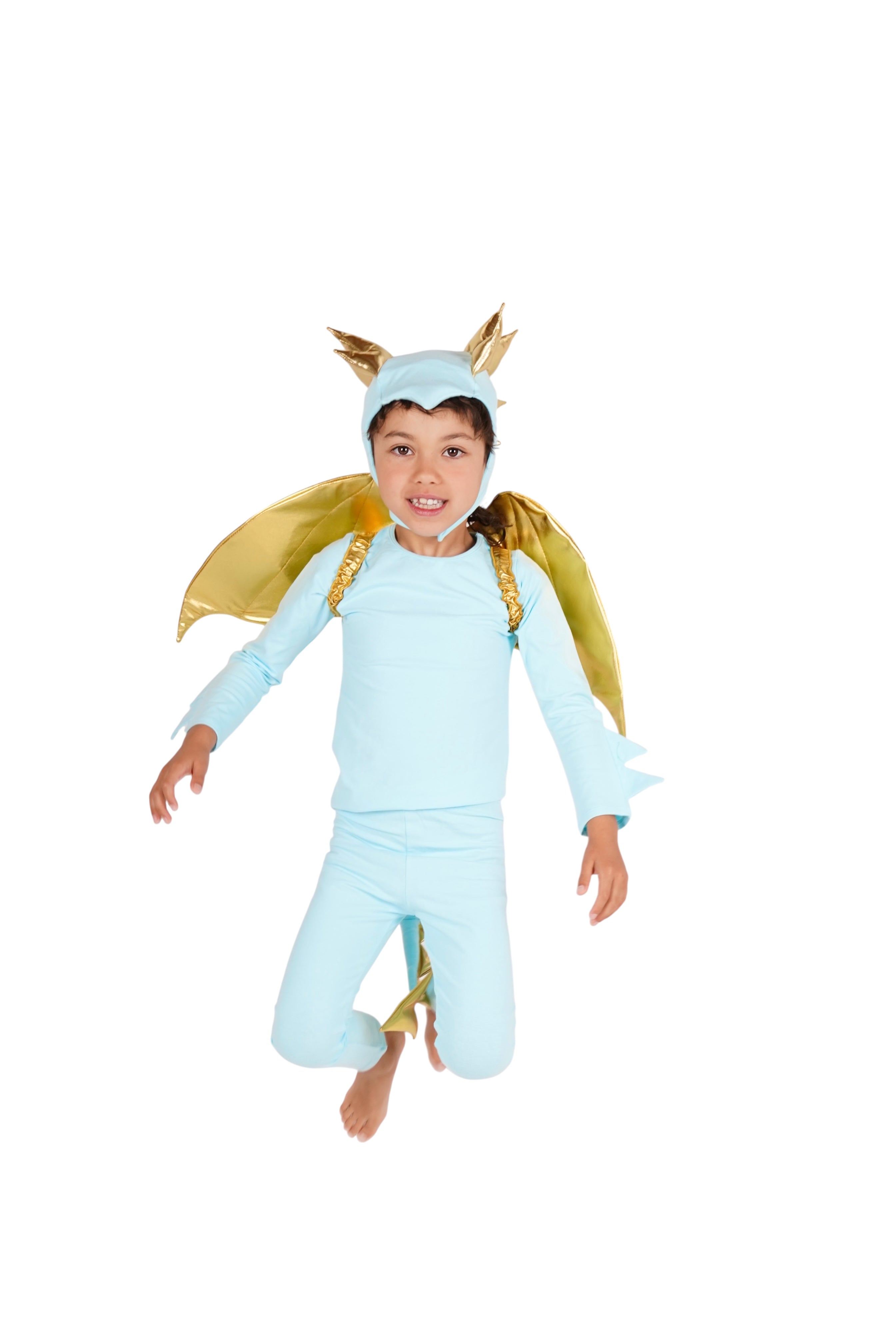 Child wearing a light blue dragon costume with gold accents, blue dinosaur costume.