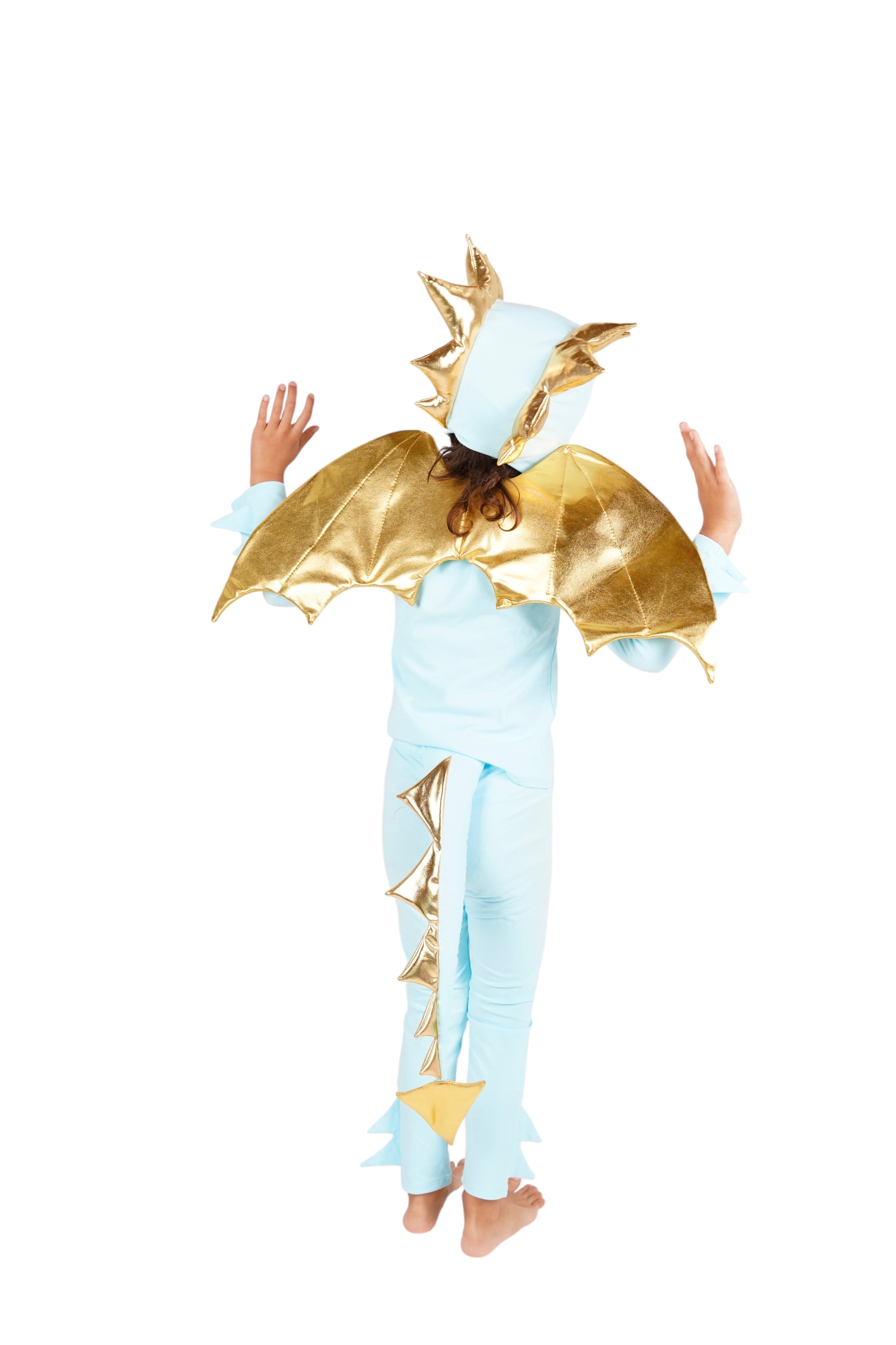 Child wearing a light blue dragon costume with gold accents, blue dinosaur costume.