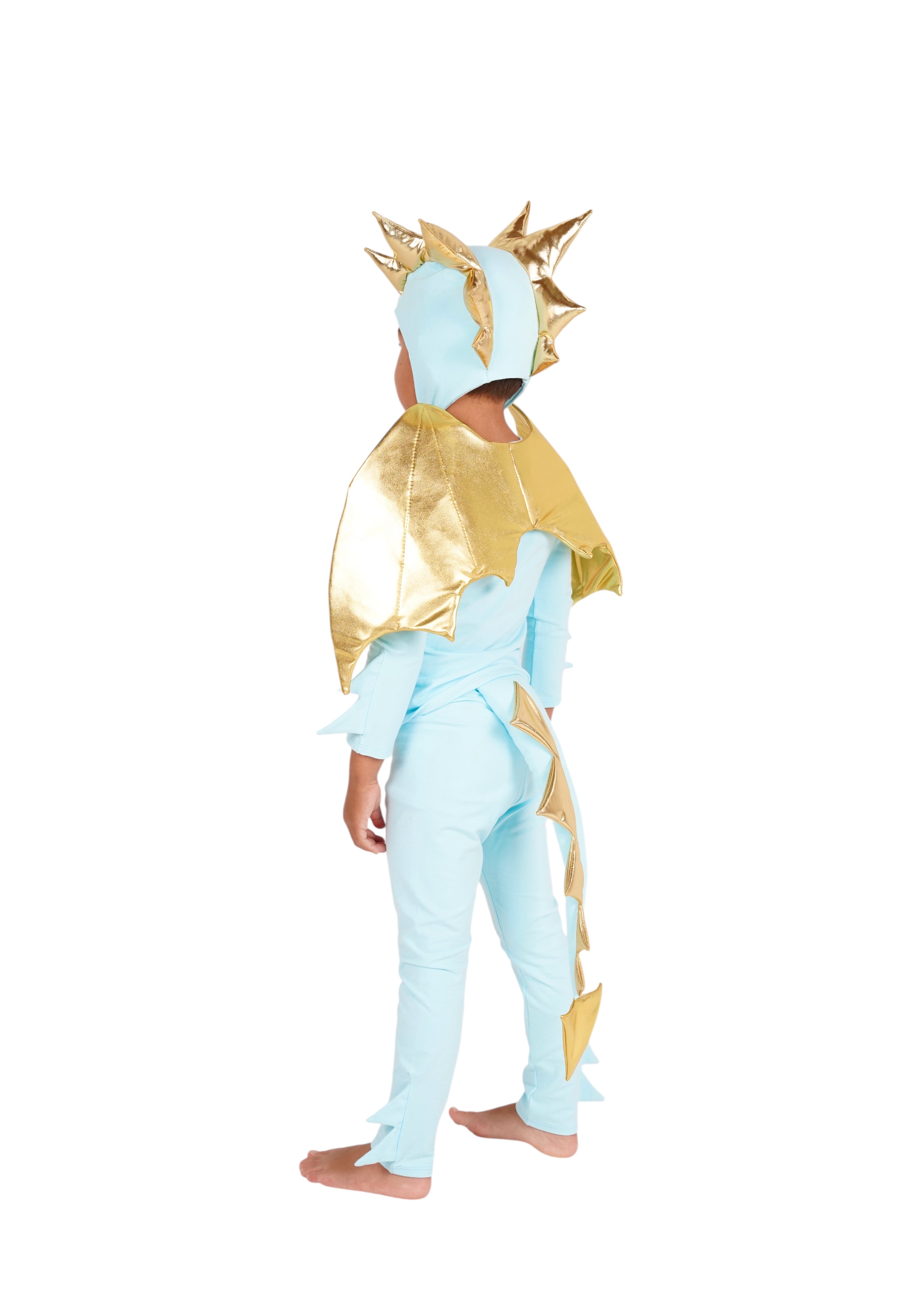 Child wearing a light blue dragon costume with gold accents, blue dinosaur costume.