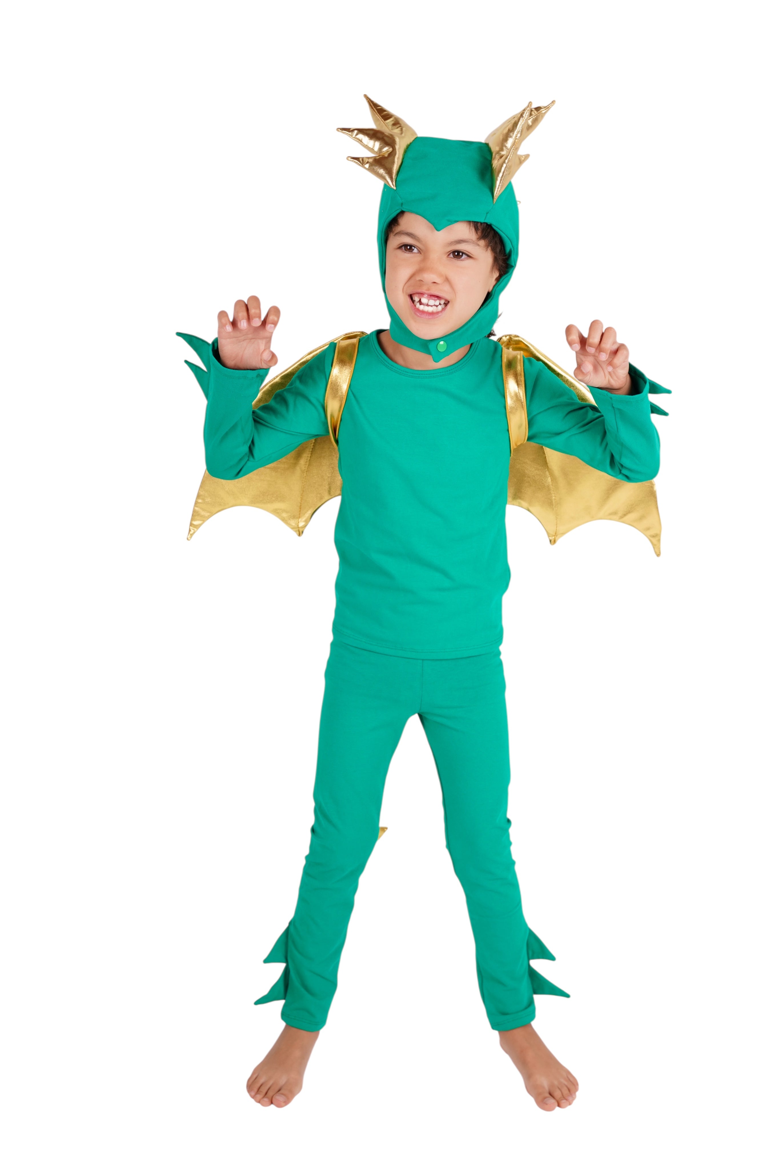 Child wearing a green dinosaur costume with gold accents, green dragon halloween costume kids