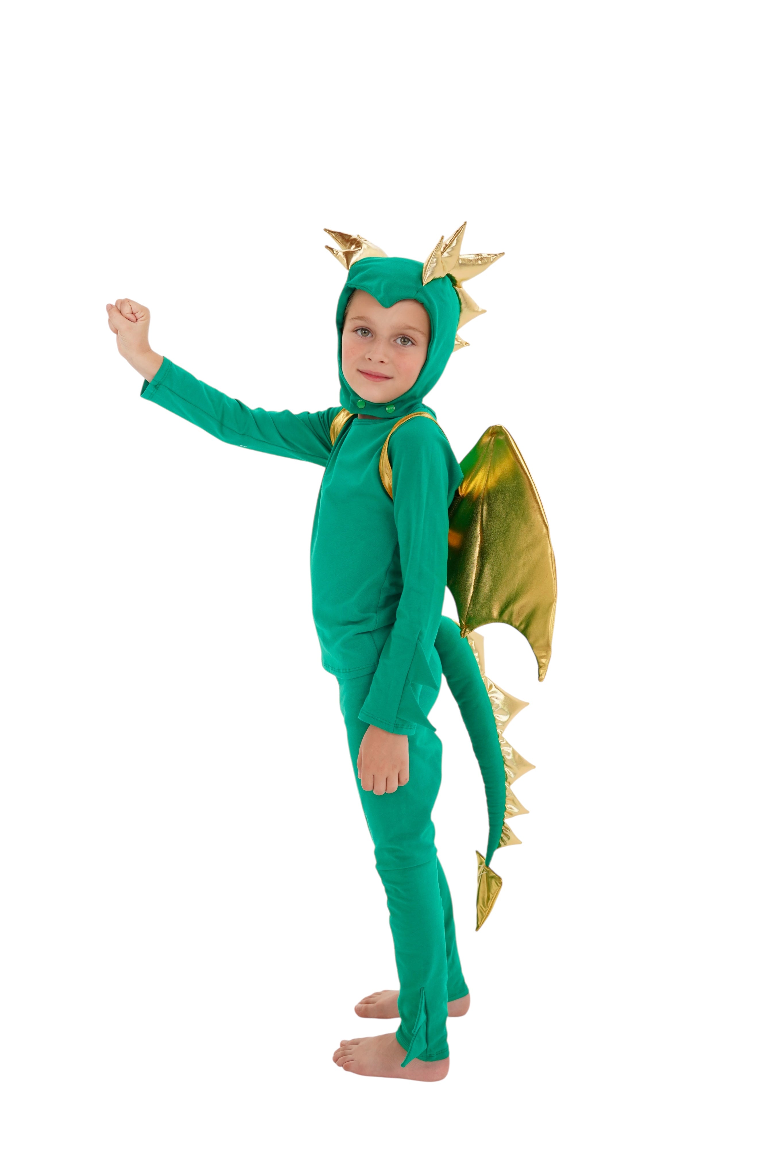 Child wearing a green dinosaur costume with gold accents, green dragon halloween costume kids