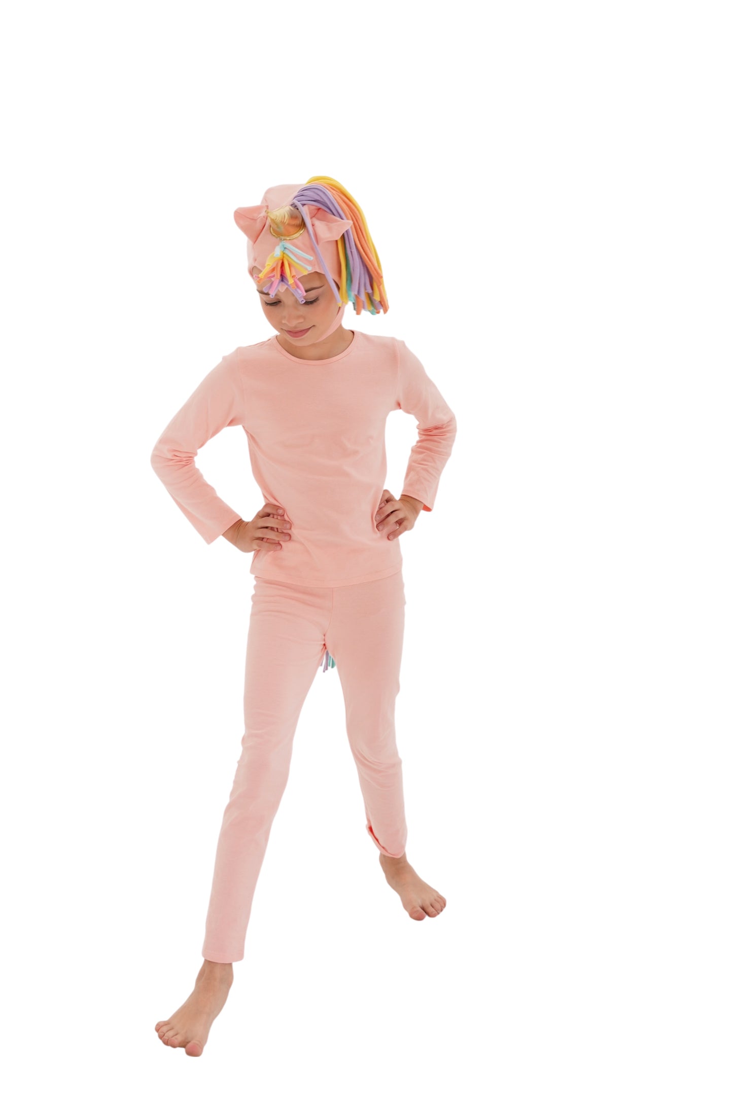 light pink, peach unicorn pajama costume for kids, halloween costume, rainbow hair, pony, little unicorn, magical unicorn