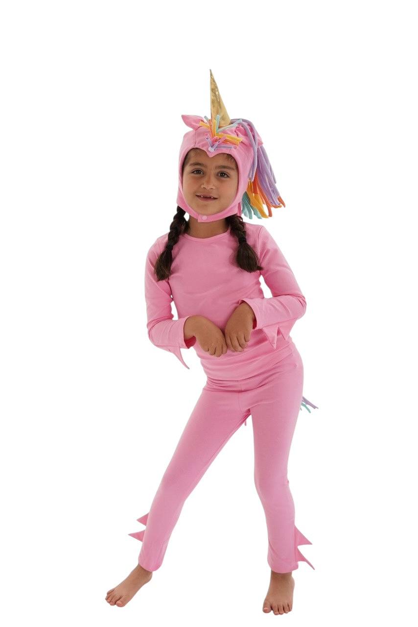 Child in a pink unicorn costume with rainbow hair, pink unicorn pajama, rainbow unicorn.