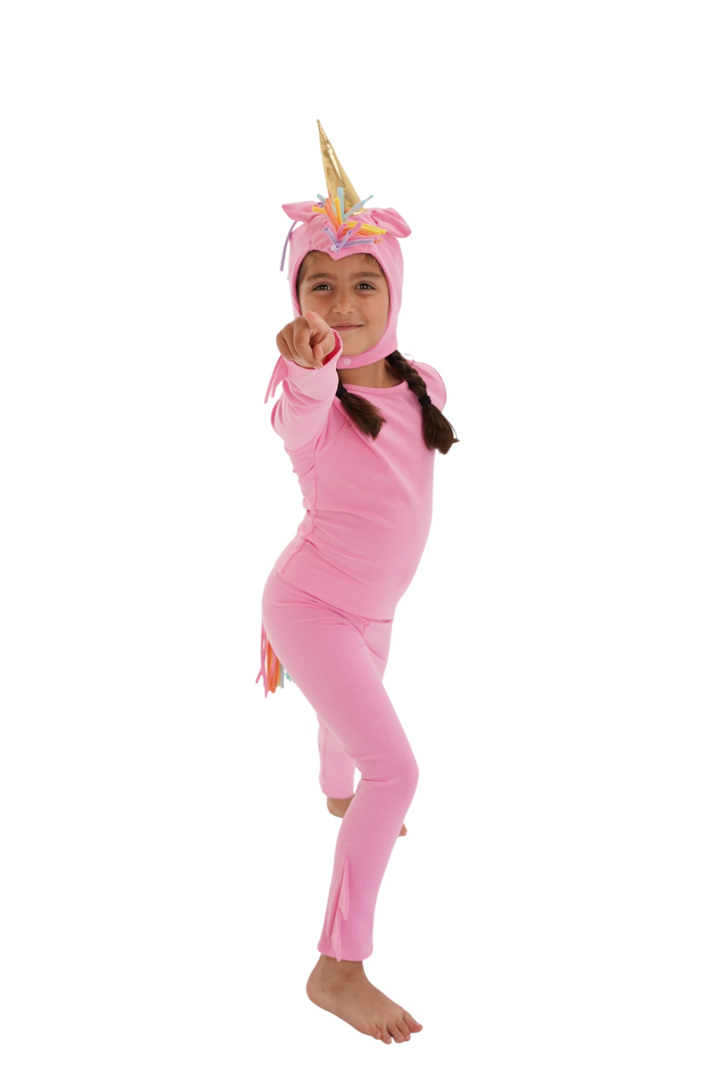 Child in a pink unicorn costume with rainbow hair, pink unicorn pajama, rainbow unicorn.