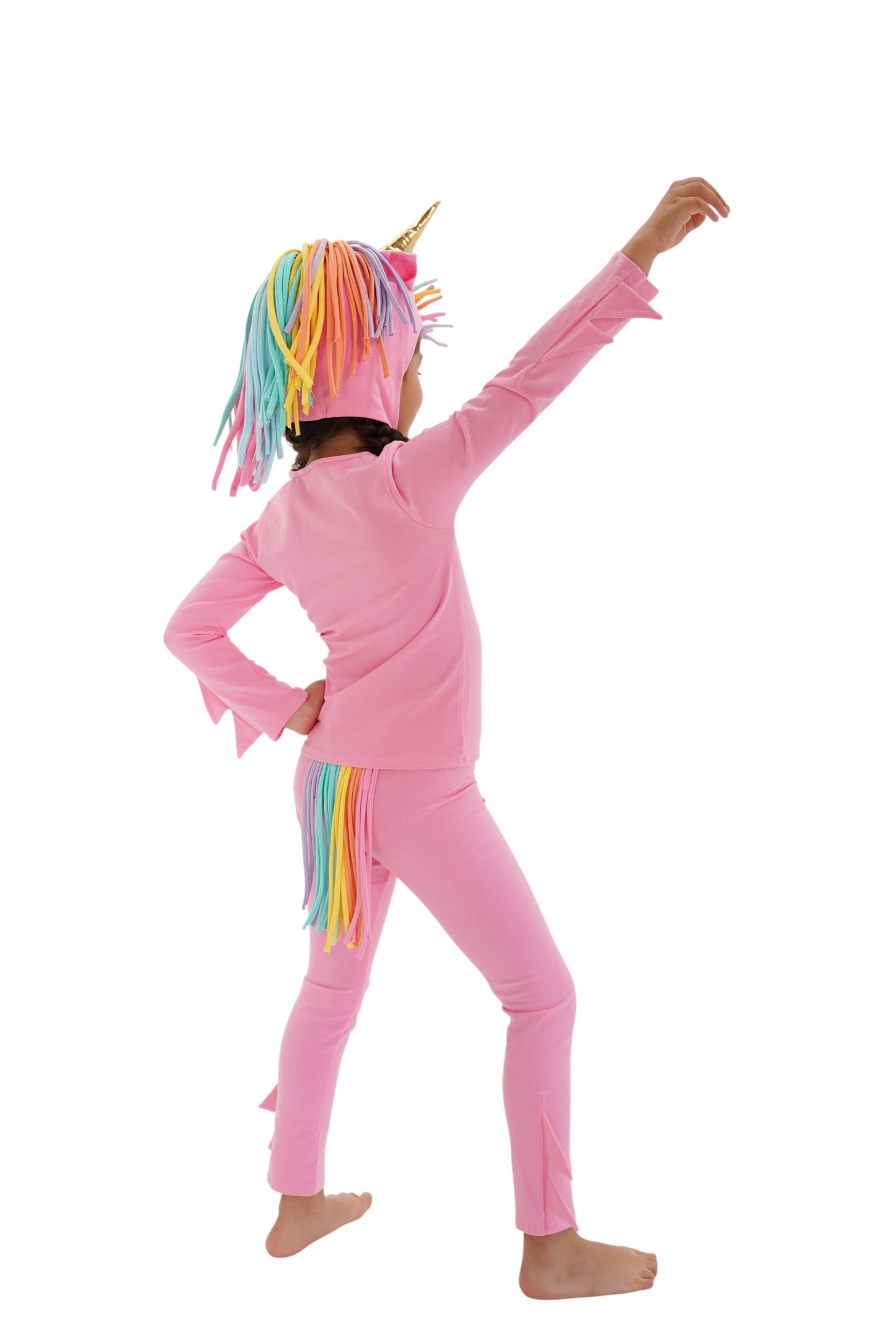 Child in a pink unicorn costume with rainbow hair, pink unicorn pajama, rainbow unicorn.