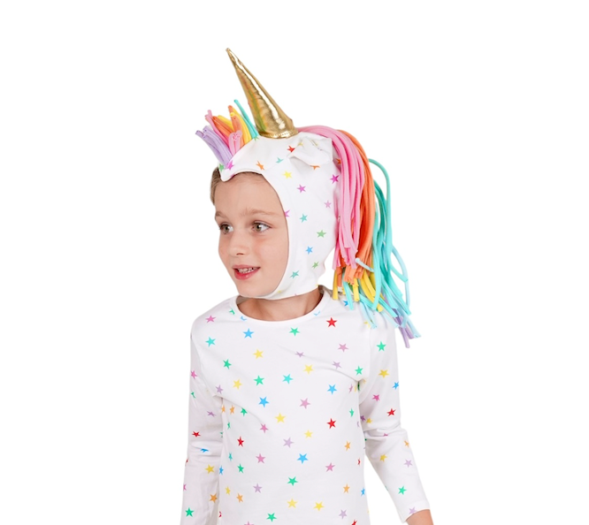 Rainbow Star Unicorn Hat + Tail Set · Rainbow Mane with Gold Horn