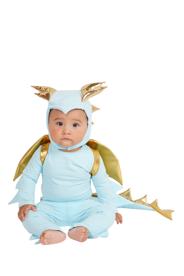 Baby in a blue dragon costume with gold accents, baby dinosaur costume