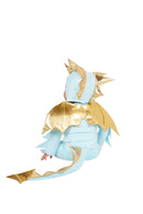 Baby in a blue dragon costume with gold accents, baby dinosaur costume