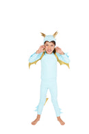 Child wearing a light blue dragon costume with gold accents, blue dinosaur costume.