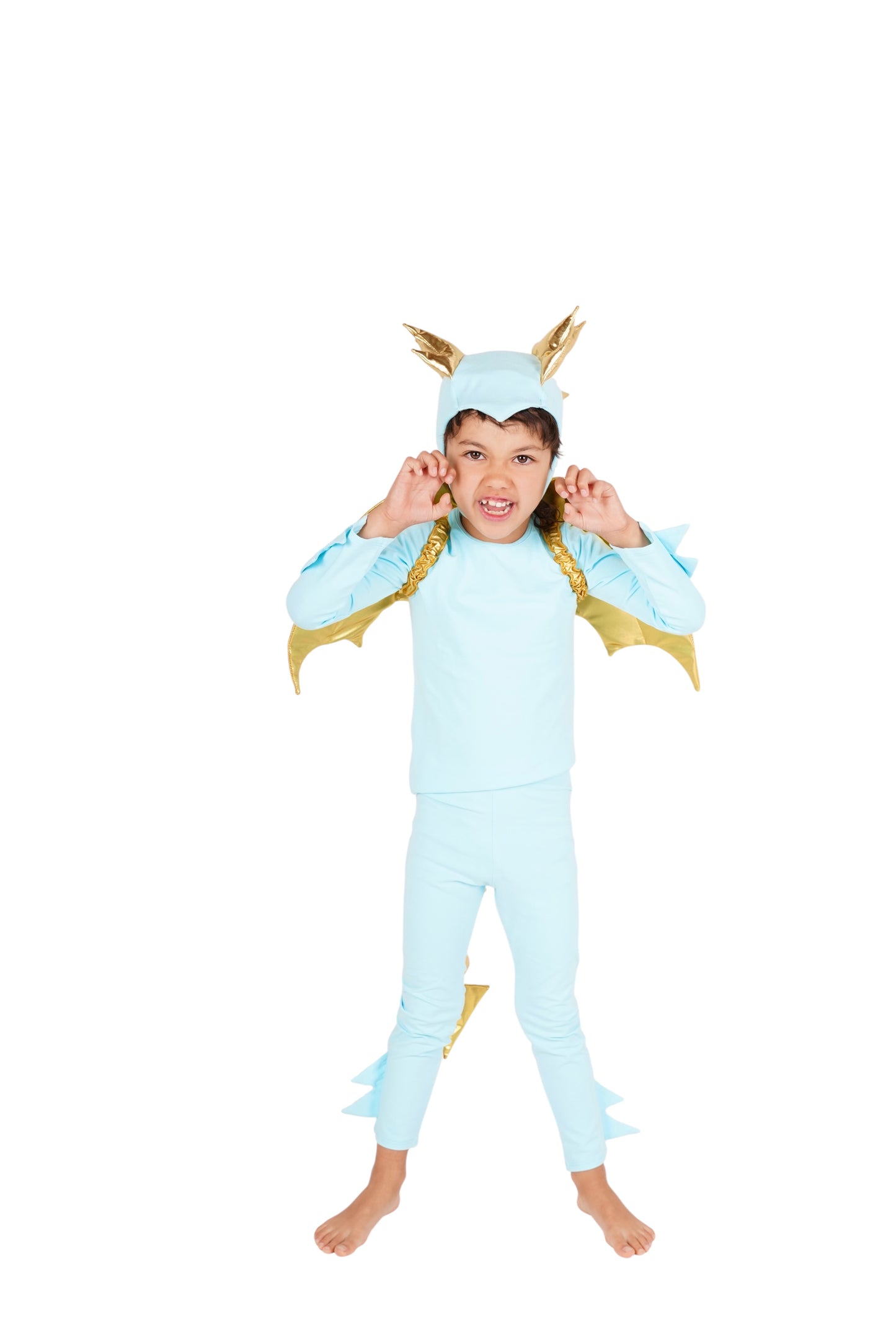 Child wearing a light blue dragon costume with gold accents, blue dinosaur costume.
