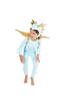 Child wearing a light blue dragon costume with gold accents, blue dinosaur costume.