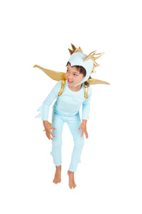 Child wearing a light blue dragon costume with gold accents, blue dinosaur costume.