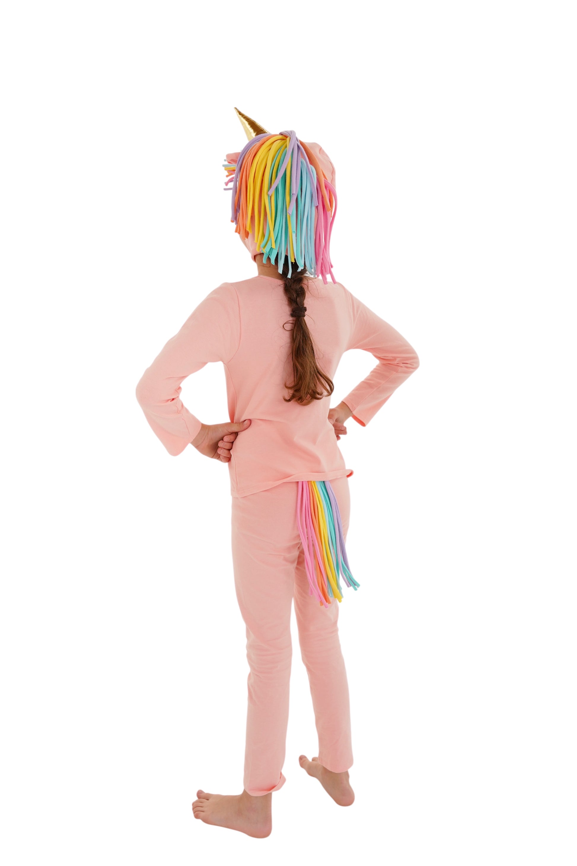 light pink, peach unicorn pajama costume for kids, halloween costume, rainbow hair, pony, little unicorn, magical unicorn