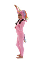 Child in a pink unicorn costume with rainbow hair, pink unicorn pajama, rainbow unicorn.