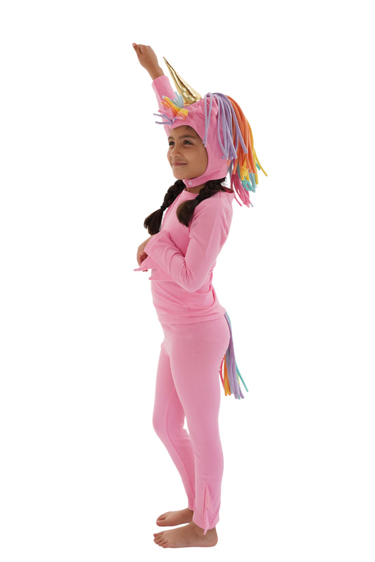 Child in a pink unicorn costume with rainbow hair, pink unicorn pajama, rainbow unicorn.