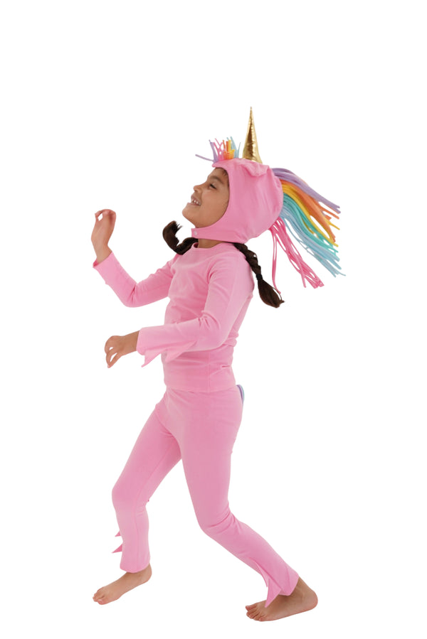 Child in a pink unicorn costume with rainbow hair, pink unicorn pajama, rainbow unicorn.
