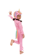 Child in a pink unicorn costume with rainbow hair, pink unicorn pajama, rainbow unicorn.