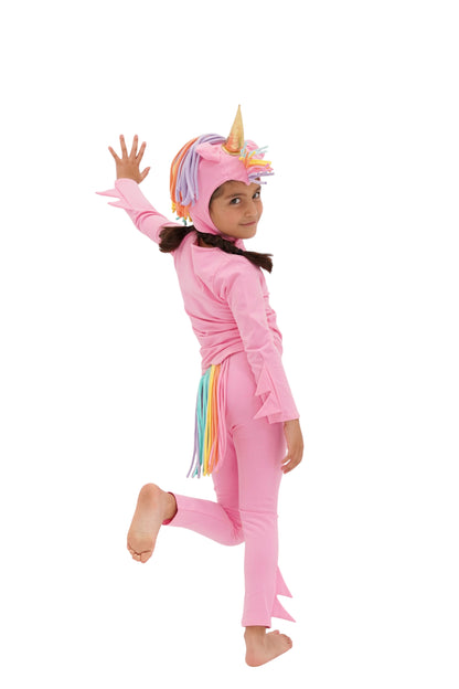 Child in a pink unicorn costume with rainbow hair, pink unicorn pajama, rainbow unicorn.
