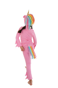 Child in a pink unicorn costume with rainbow hair, pink unicorn pajama, rainbow unicorn.