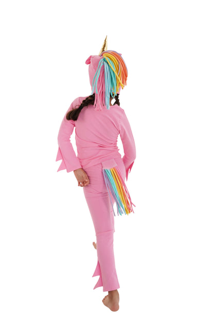 Child in a pink unicorn costume with rainbow hair, pink unicorn pajama, rainbow unicorn.