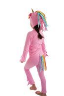 Child in a pink unicorn costume with rainbow hair, pink unicorn pajama, rainbow unicorn.