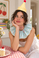 Yellow linen Clown Hat & blue star Ruffle Collar Set | Adult Halloween Costume environmentally, friendly | Circus Costume | Pierrot Clown