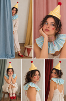 Yellow linen Clown Hat & blue star Ruffle Collar Set | Adult Halloween Costume environmentally, friendly | Circus Costume | Pierrot Clown