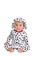 Baby wearing a Dalmatian costume with black spots and floppy puppy ears