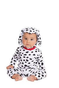 Baby wearing a Dalmatian costume with black spots and floppy puppy ears