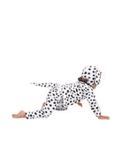 baby wearing a black and white spotted puppy costume