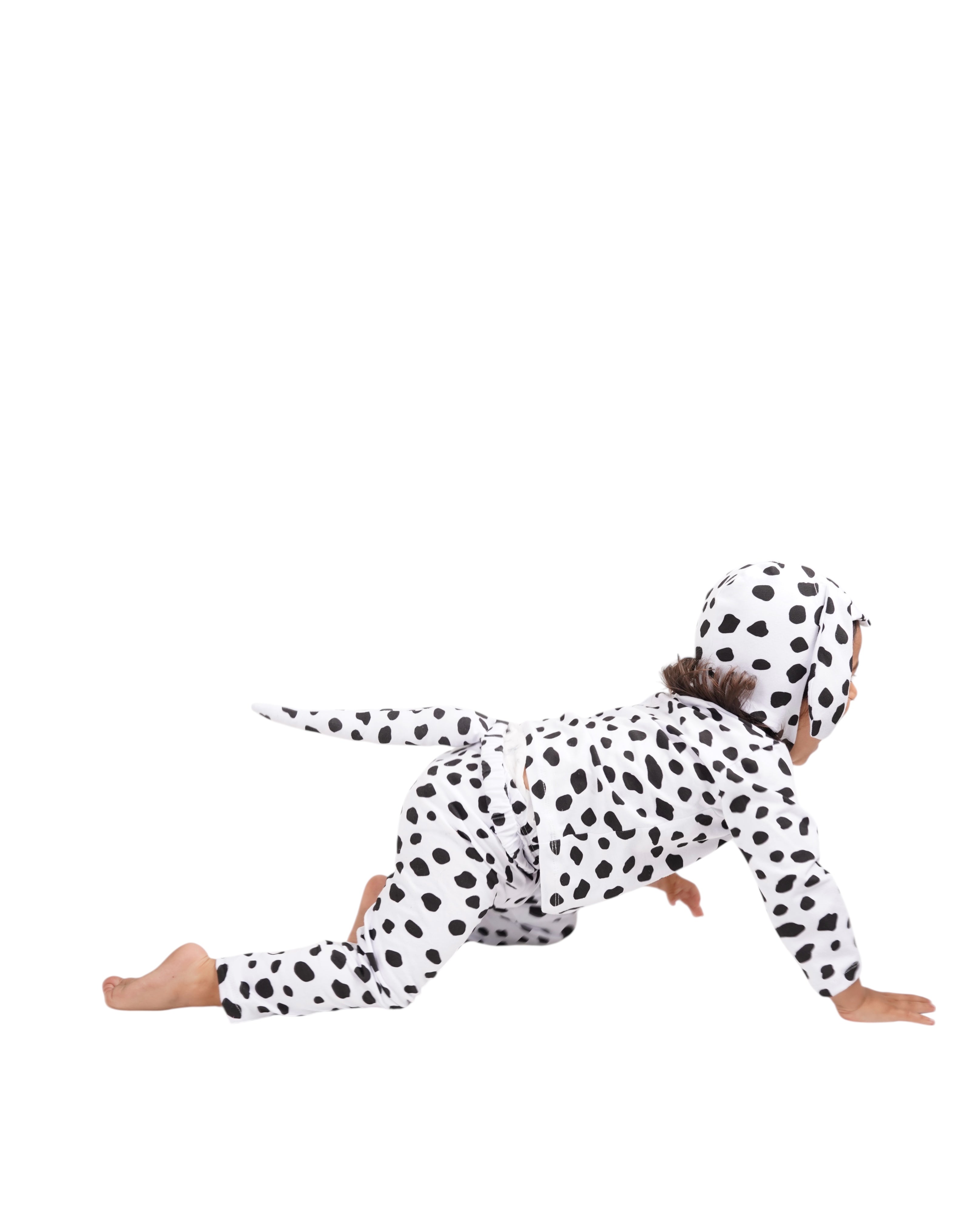 baby wearing a black and white spotted puppy costume