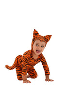 Baby wearing an orange and black tiger costume with ears and tail