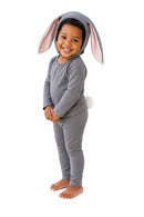 Child wearing a gray bunny costume with pink-lined ears on a white background
