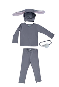 Gray bunny costume set with cotton outfit, lop-eared bonnet and faux-fur tail
