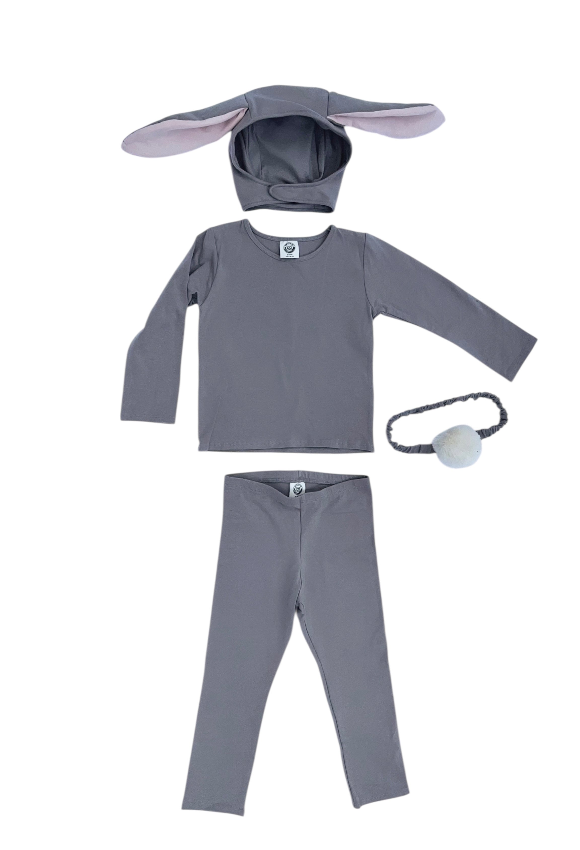 Gray bunny costume set with cotton outfit, lop-eared bonnet and faux-fur tail