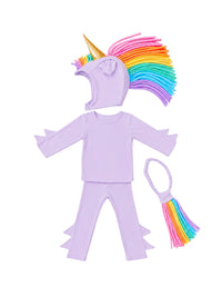 Handmade lavender unicorn costume featuring a pastel rainbow mane