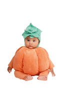 Infant wearing a soft orange pumpkin Halloween costume on a white background