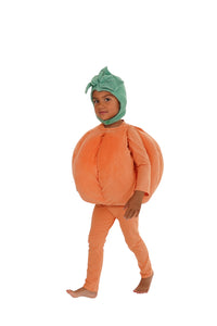 Side view of a toddler wearing a rounded pumpkin costume with a green leaf headpiece