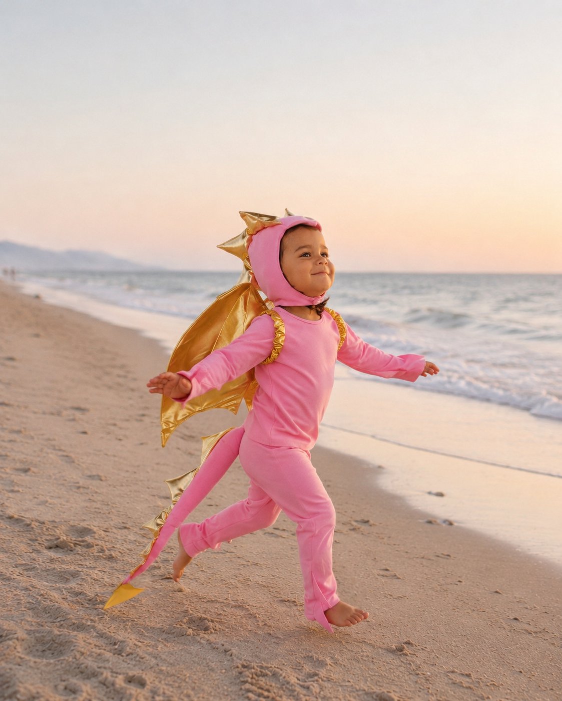 Child running beside the ocean in a pink dragon Halloween costume with wings and tail