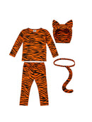 Orange tiger costume set for kids with striped outfit, tiger ears and removable tail