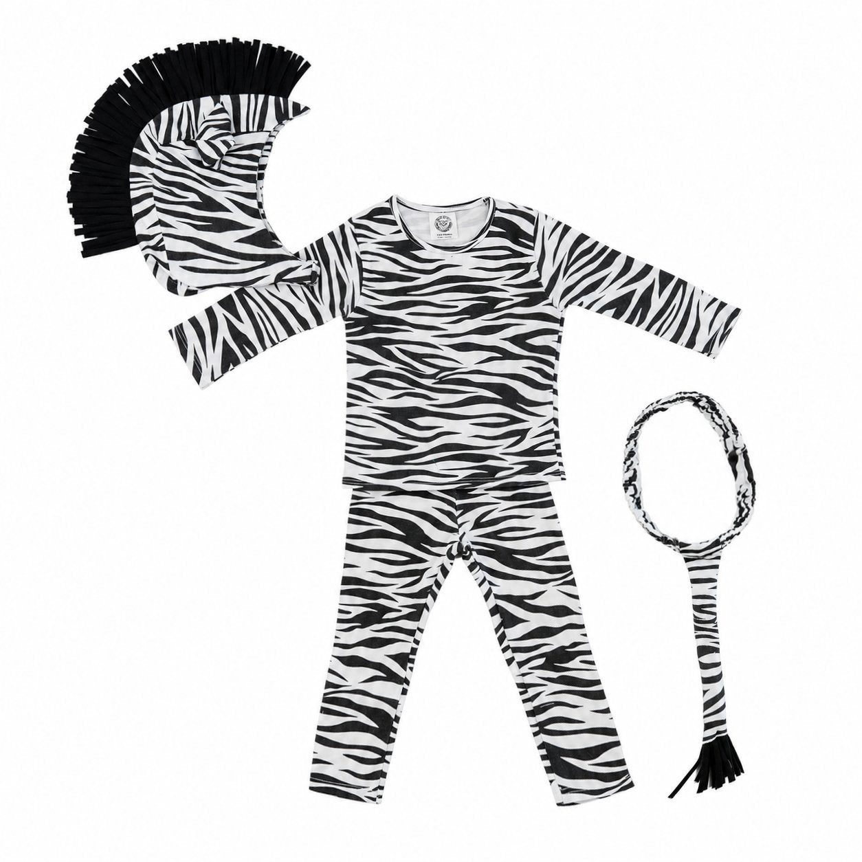 Black-and-white zebra costume set for kids with headpiece, mane and striped tail