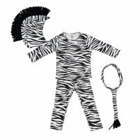 Black-and-white zebra costume set for kids with headpiece, mane and striped tail