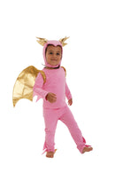 Child modeling a pink and gold dragon costume with wings on a white background
