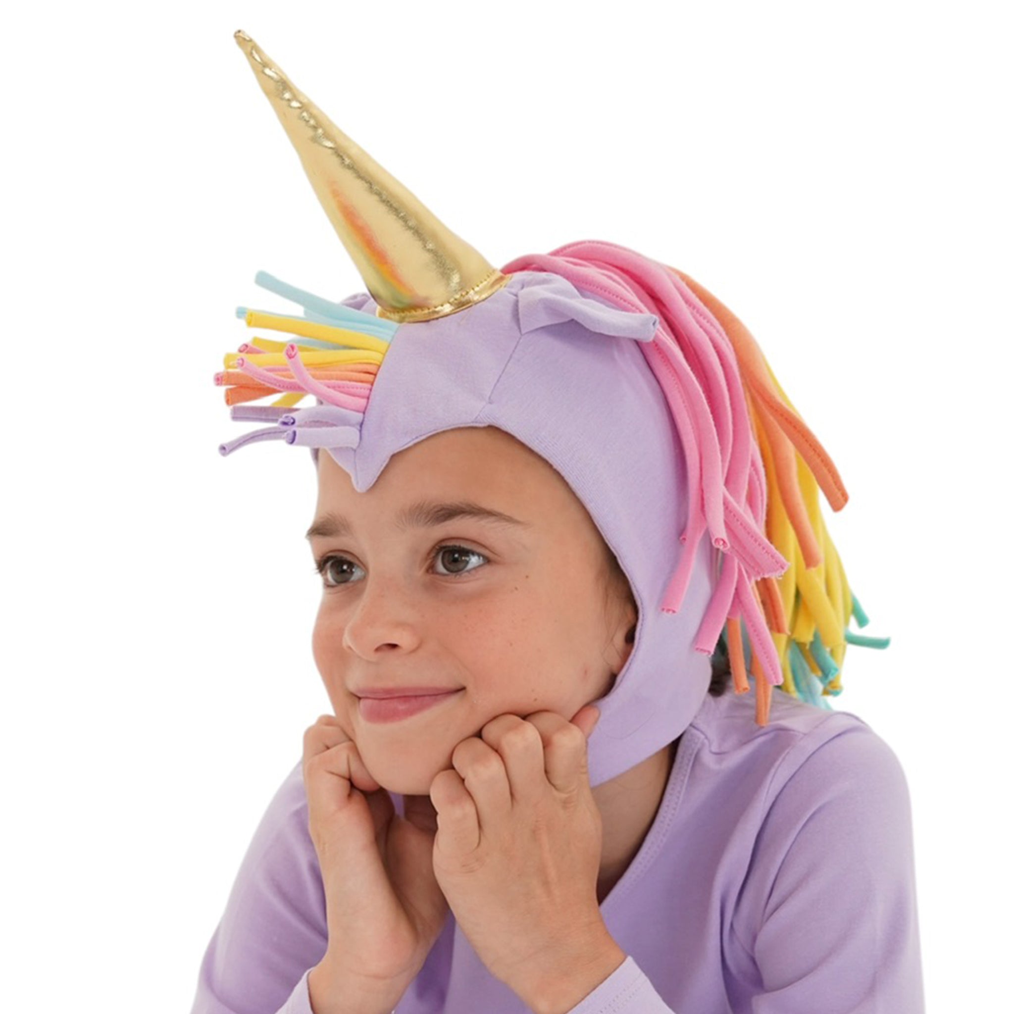 Lavender Unicorn Hat + Tail Set · Rainbow Mane with Gold Horn
