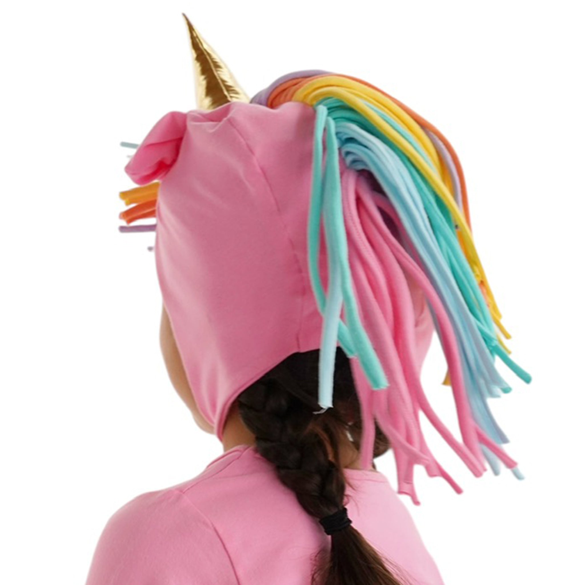 Pink Stardancer Unicorn Hat + Tail Set · Rainbow Mane with Gold Horn