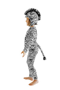 Side view of a toddler wearing a zebra costume with a black mane and tail