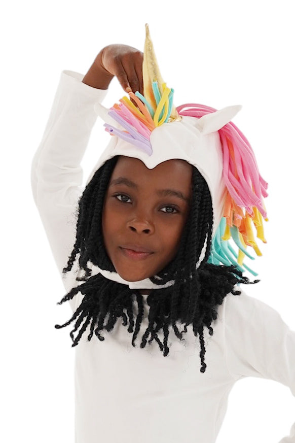 Rainbown Dream Unicorn Hat + Tail Set · Rainbow Mane with Gold Horn